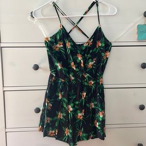 Floral Romper with Cross Back and Pockets